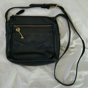 Black leather Fossil crossbody purse bronze storag